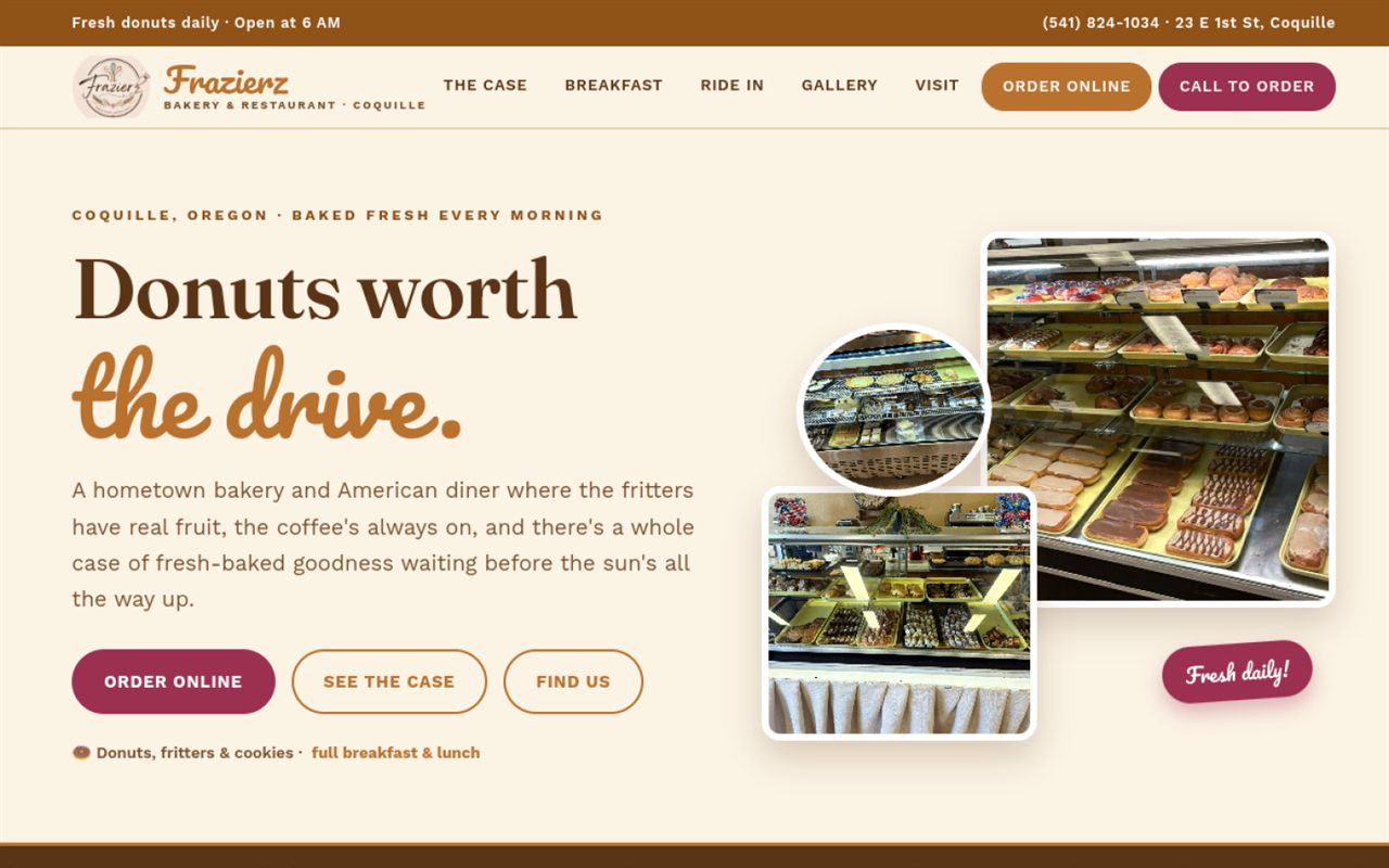Homepage of Frazierz Bakery & Restaurant, designed and built by Complex Web Design