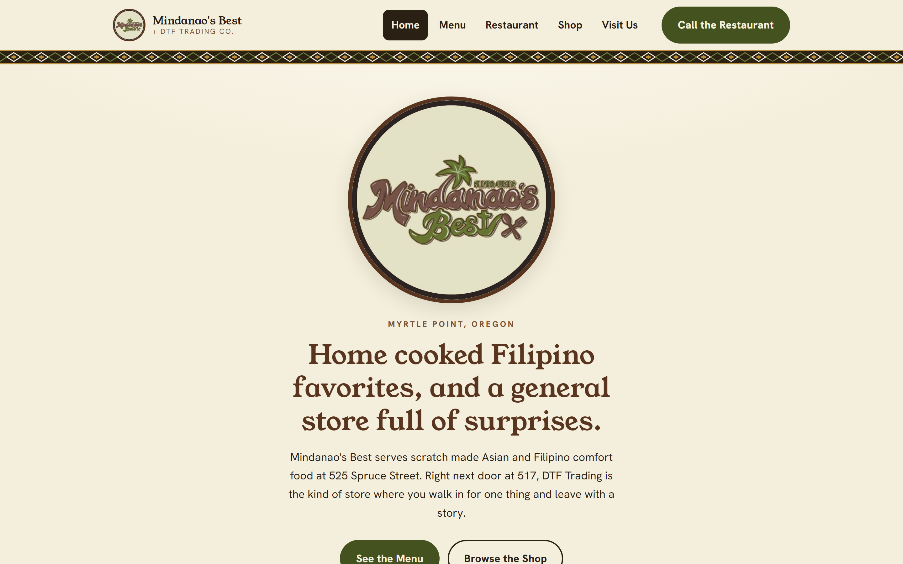Mindanao's Best homepage, a Filipino restaurant and store in Myrtle Point, Oregon