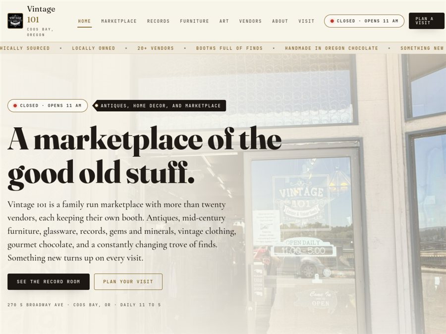 Vintage 101 Marketplace website homepage