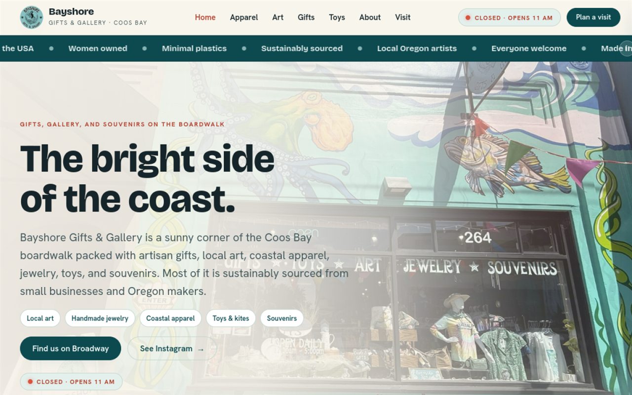 Homepage of Bayshore Gifts & Gallery, designed and built by Complex Web Design