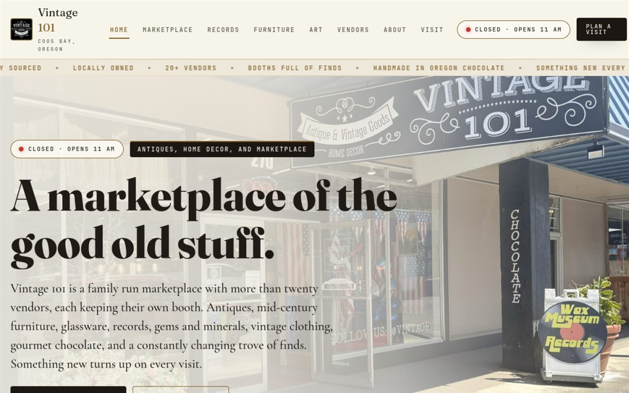 Homepage of Vintage 101 Marketplace, designed and built by Complex Web Design